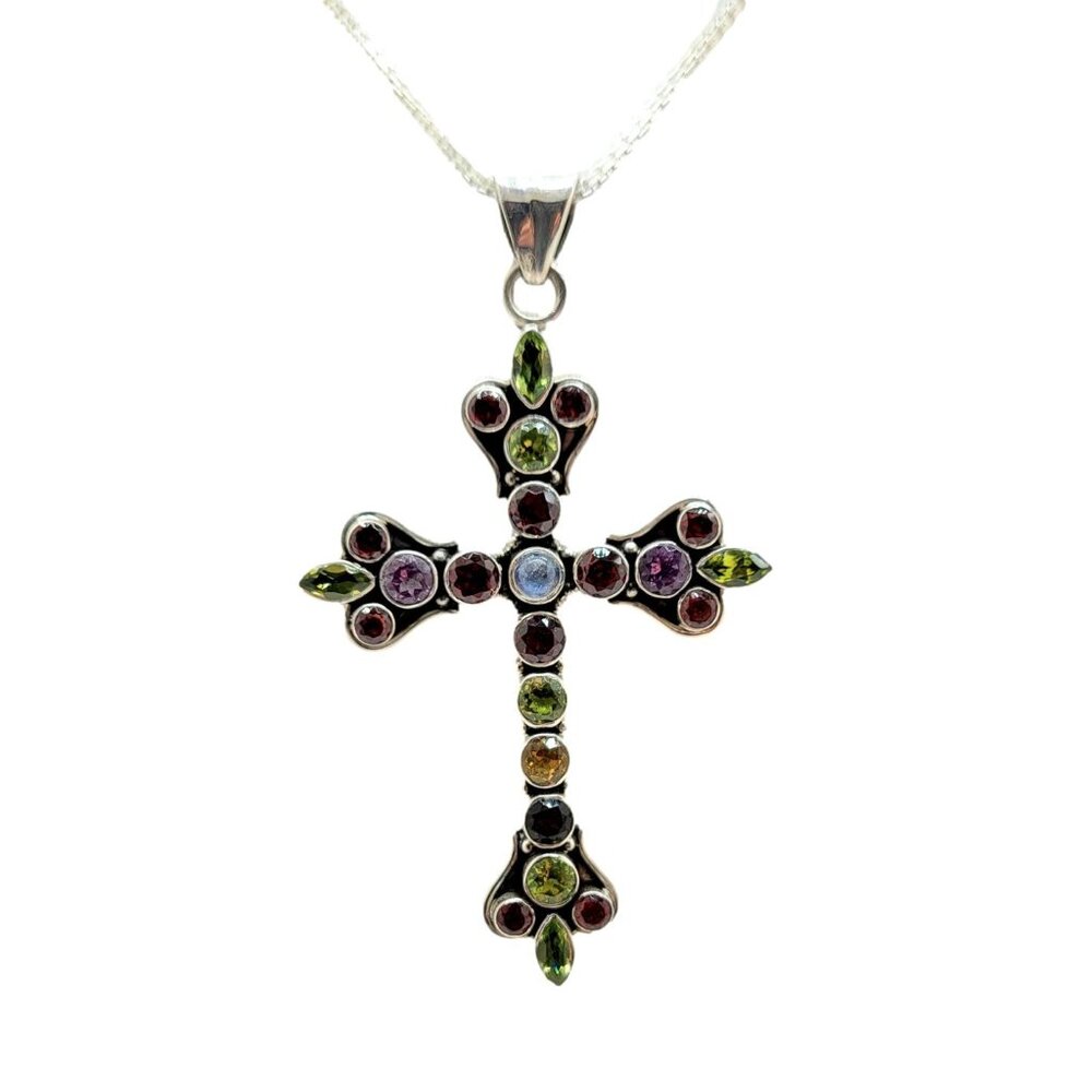 Fleur de Lis Gemstone Cross Pendant with Chain Nicky Butler .925 Sterling Silver - Picture 3 of 12